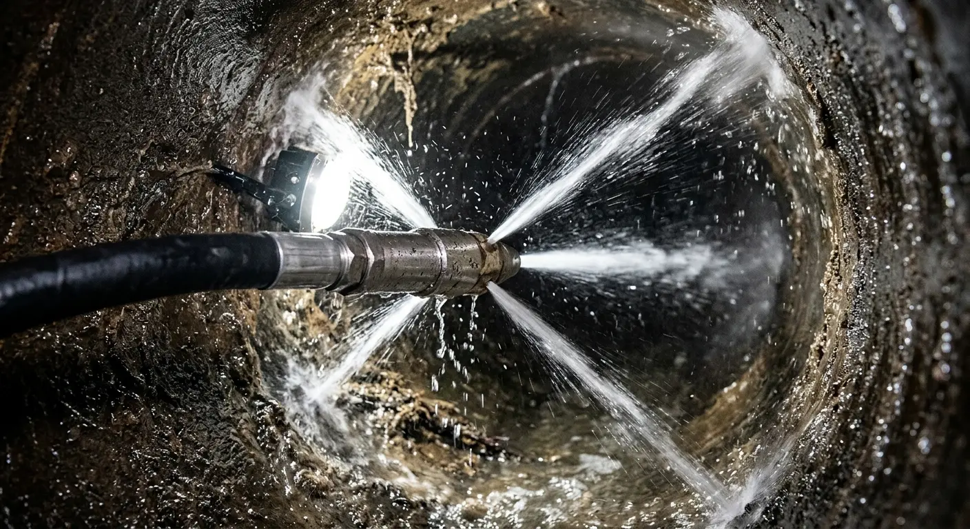 High-pressure hydro jetting nozzle cleaning sewer pipe for Sewer Cleanout in Dock Junction