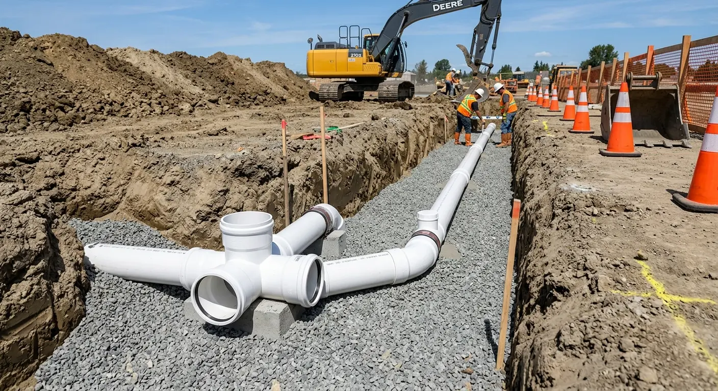 New PVC sewer pipe installation in open trench for Sewer Backup in Dock Junction